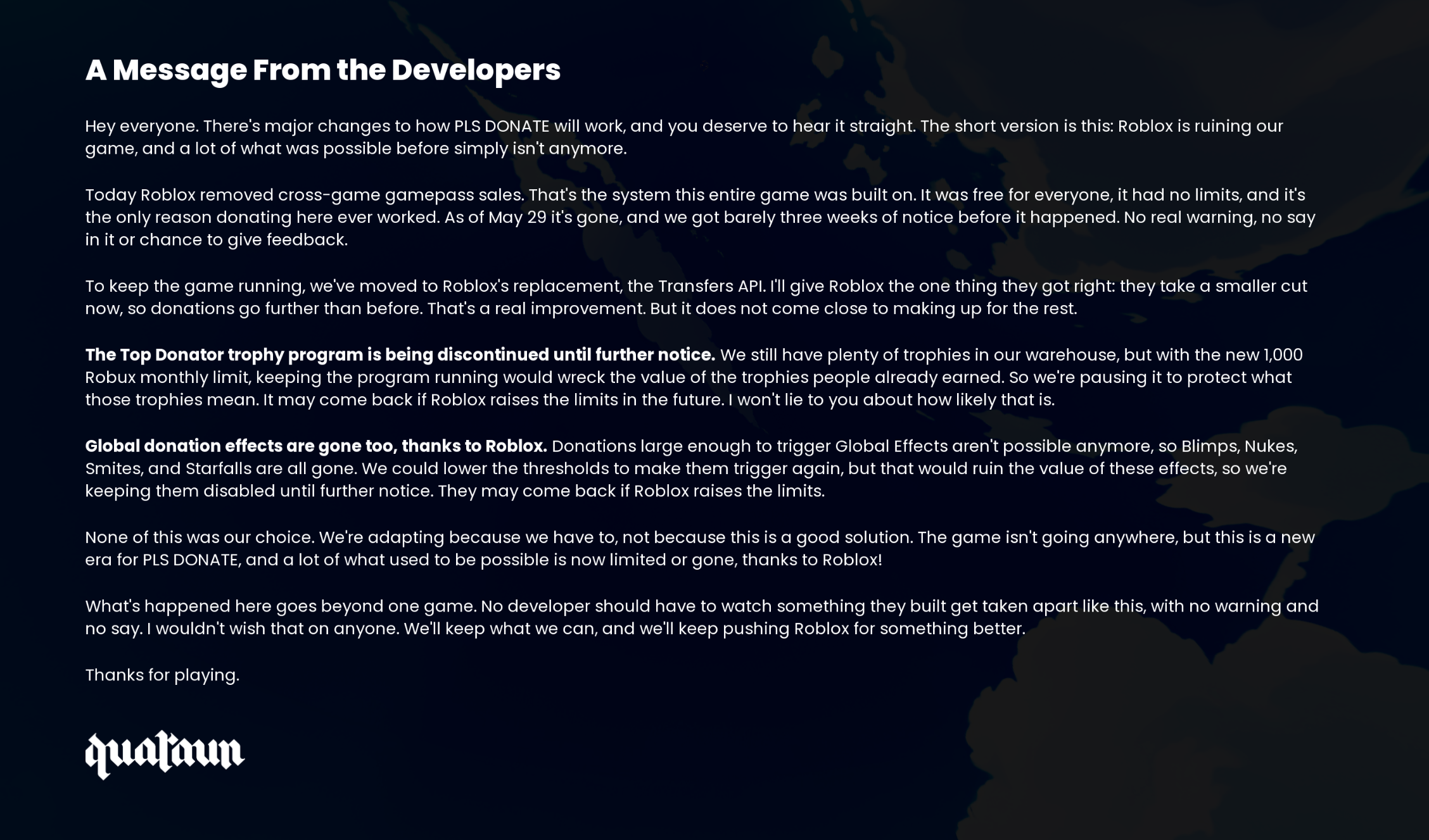 Message from Devs